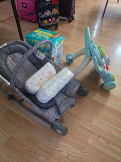 Pampers Swaddlers Diapers, Baby Rocker, and Walker Toy