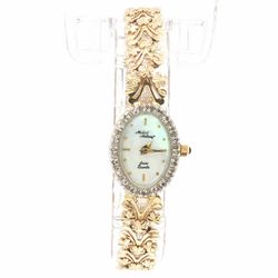 Woman’s Ladies 14k Yellow Gold Michael Anthony Swiss Quartz Oval Diamond Watch with Floral Link Bracelet 7” Inches GP3138346