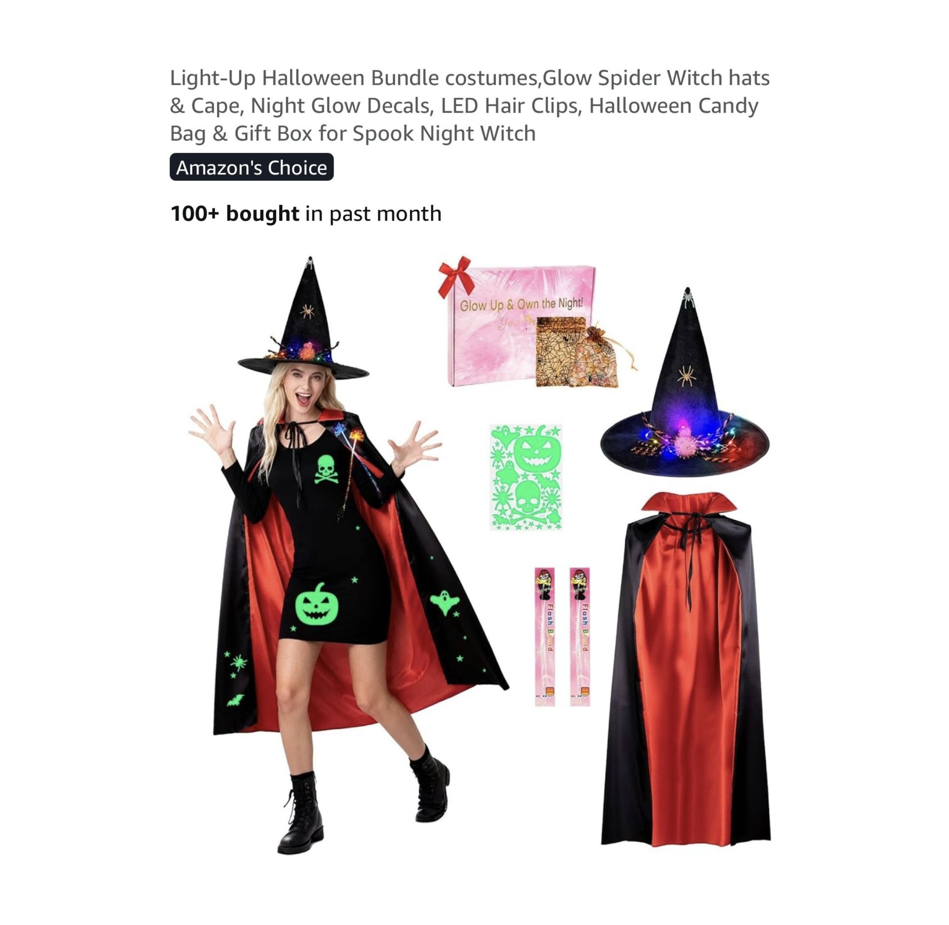Brand new Light-Up Halloween Bundle costumes,Glow Spider Witch hats & Cape, Night Glow Decals, LED Hair Clips, Halloween Candy Bag & Gift Box for Spoo