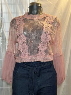 Peach Pink Lace Ruffle Long-sleeve Blouse 