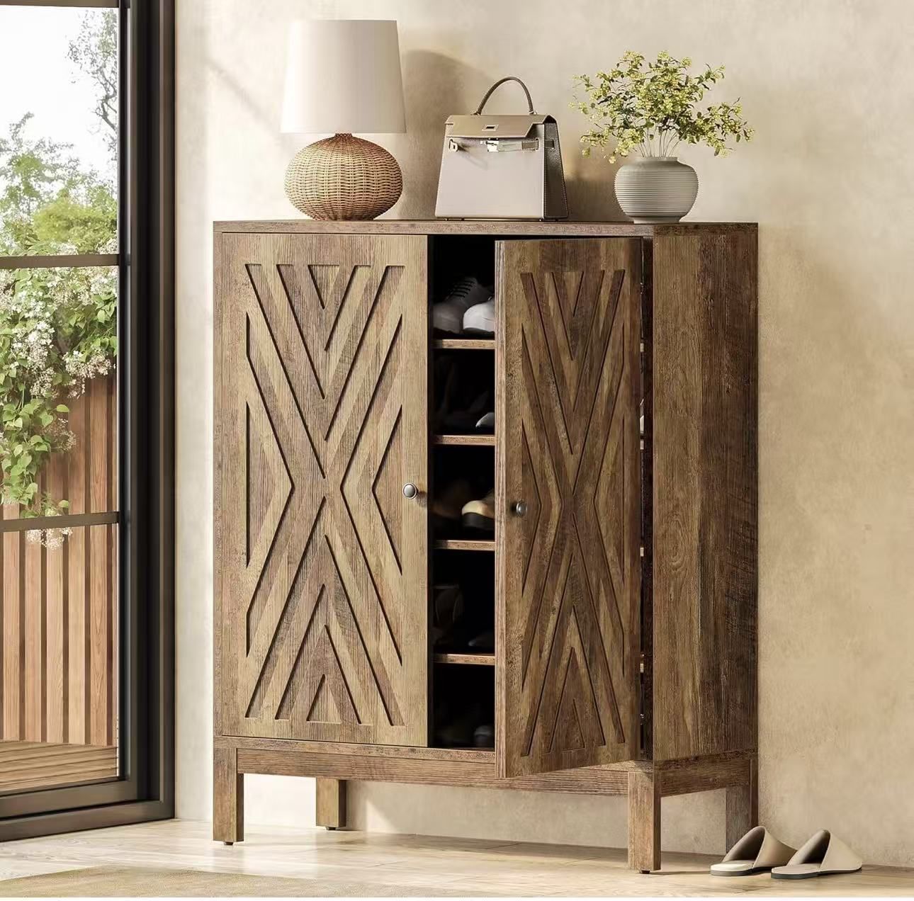 New assembled 5-Tier Shoe Cabinet for Entryway, Brown Wooden Shoe Organizer Cabinet with Adjustable Shelves for 20 Pairs, Industrial Shoes Storage Cab