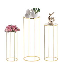 3PCS Cylinder Pedestal Stands For Parties, Gold Metal Plant Round Cylinder Stands For Party Flowers, Display Columns Pedestal Stand Cylinder Tables Fo
