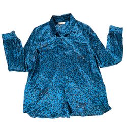 L’Agence 100% Silk Blue Leopard Print Button Down Blouse Top Size Small