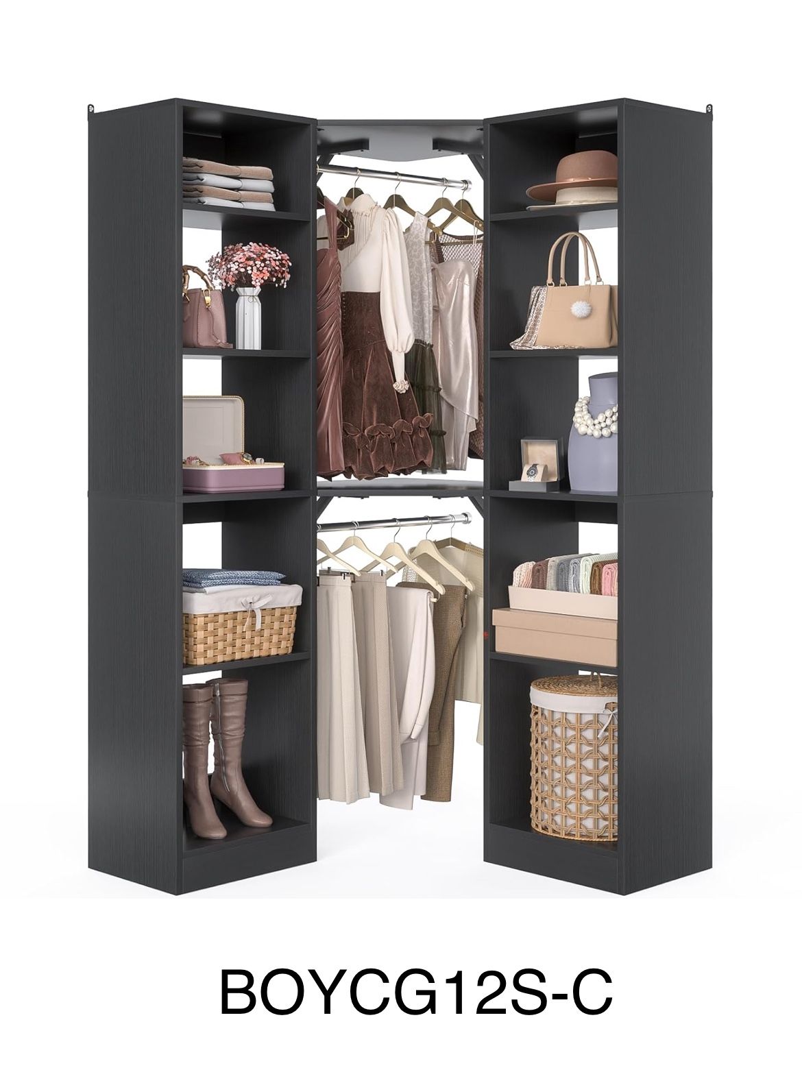 Corner Closet System With 12 Shelves, 40" Large Organizer With 2 Hanging Rods, Versatile 6-Tier Walk-in Closet for Corner Space, Black