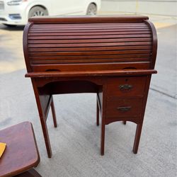 Vintage wood roll top desk and small chair