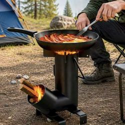 NEW Outdoor Wood Stove Camping Burner With Frying Pan Utensils