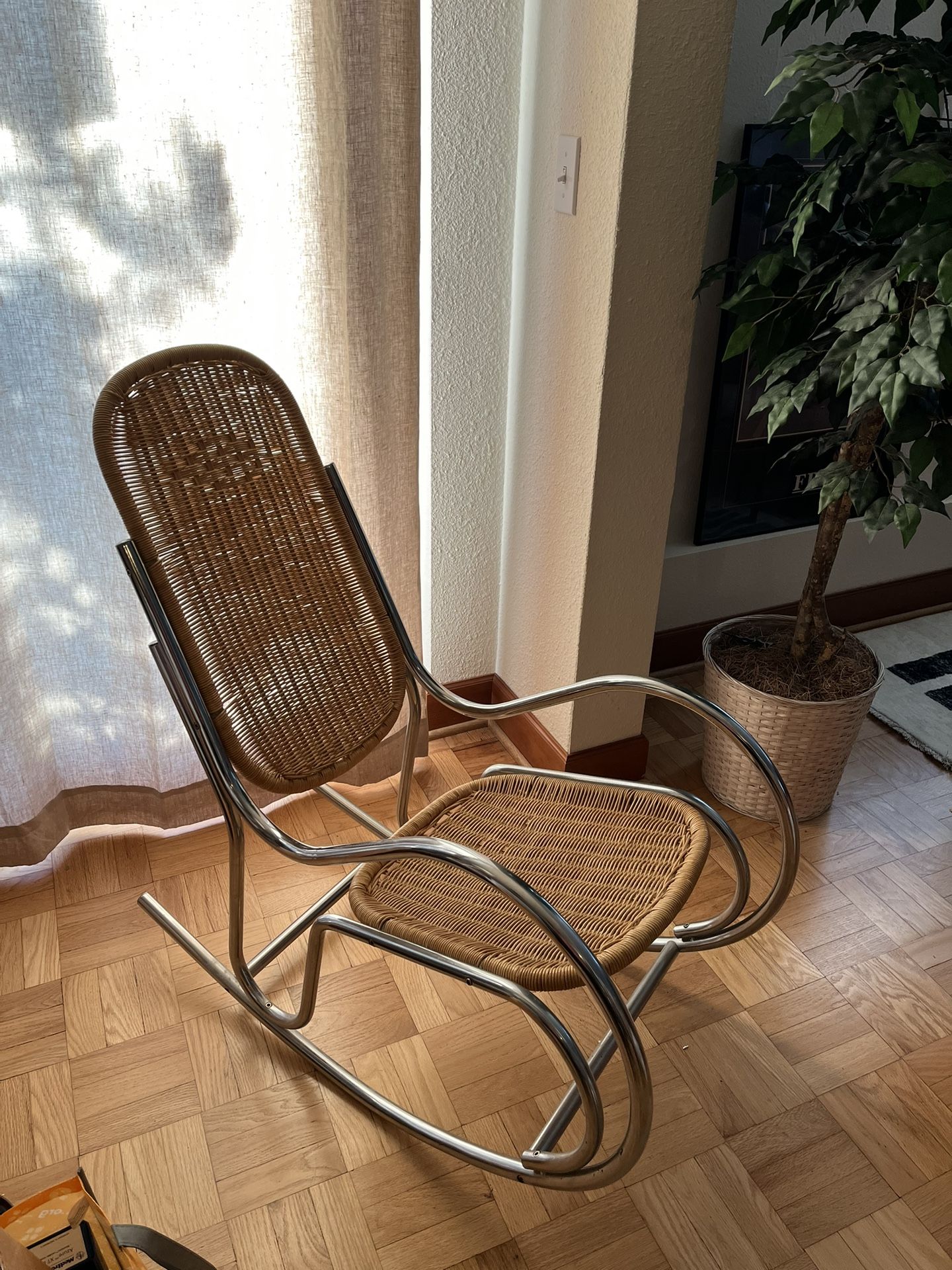 Mid Century Modern Cane Wicker & Chrome Rocking Chair