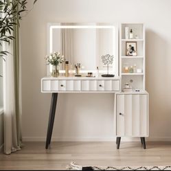 44" W x 55" H Vanity Desk Mirror with Light, Makeup Vanities Large Wave Fluted Dressing Table & 2 Drawers, Adjustable Shelves, Cabinet, Power Outlet