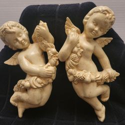 Set of 2 Vintage Cherub Angel Ceramic Wall Plaques Gold Hand Painted 7.5"