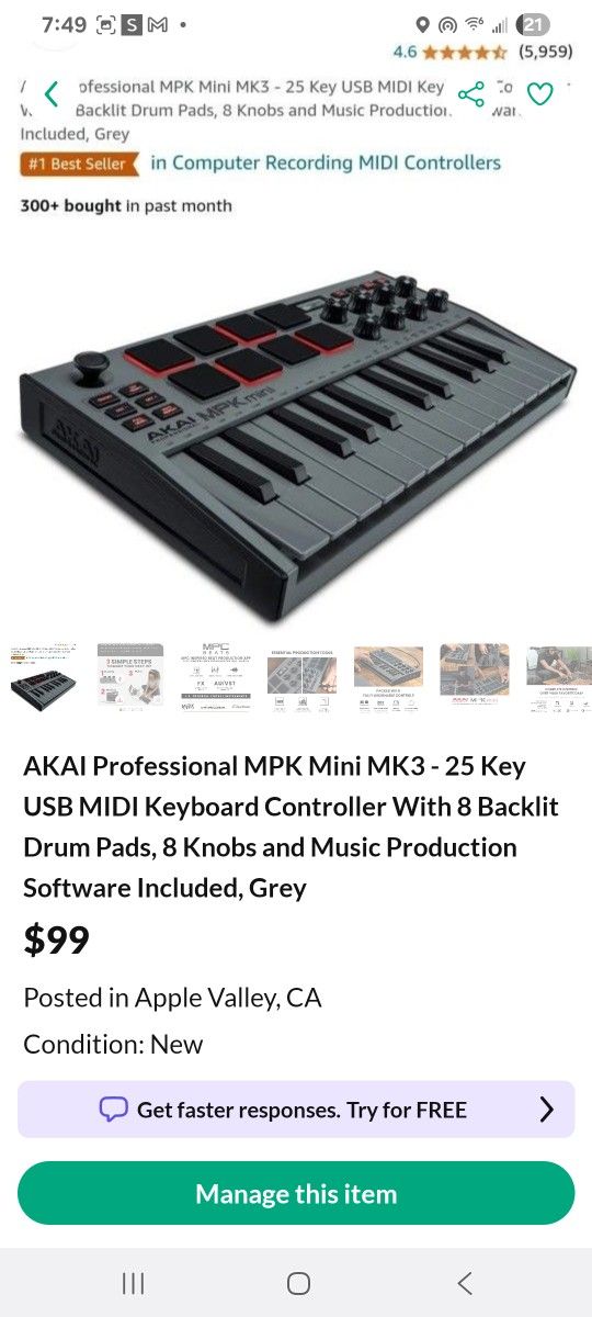 Akai Professional MPK Mini MK3 - 25 Key USB MIDI Keyboard Controller With 8 Backlit Drum Pads, 8 Knobs, Music Production Software and Native Instrumen