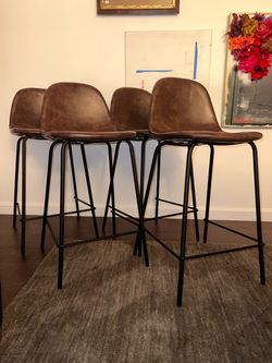 Set of 4 Brown Faux Leather Counter Height Bar Stools – Black Metal