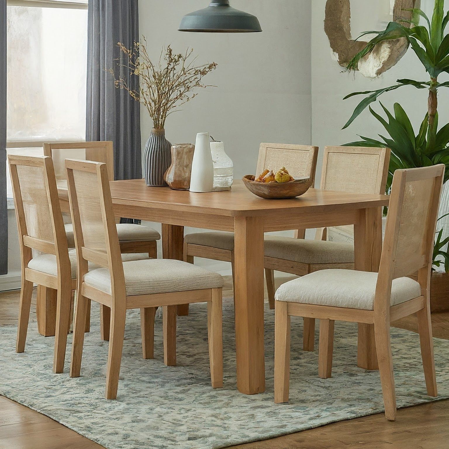 Set of 6  - Natural Coastal Solid Wood Square Rattan Cane Back Dining Chairs w/ Beige Linen Cushions [NEW IN BOX] **Retails for $750 [NO TABLE]