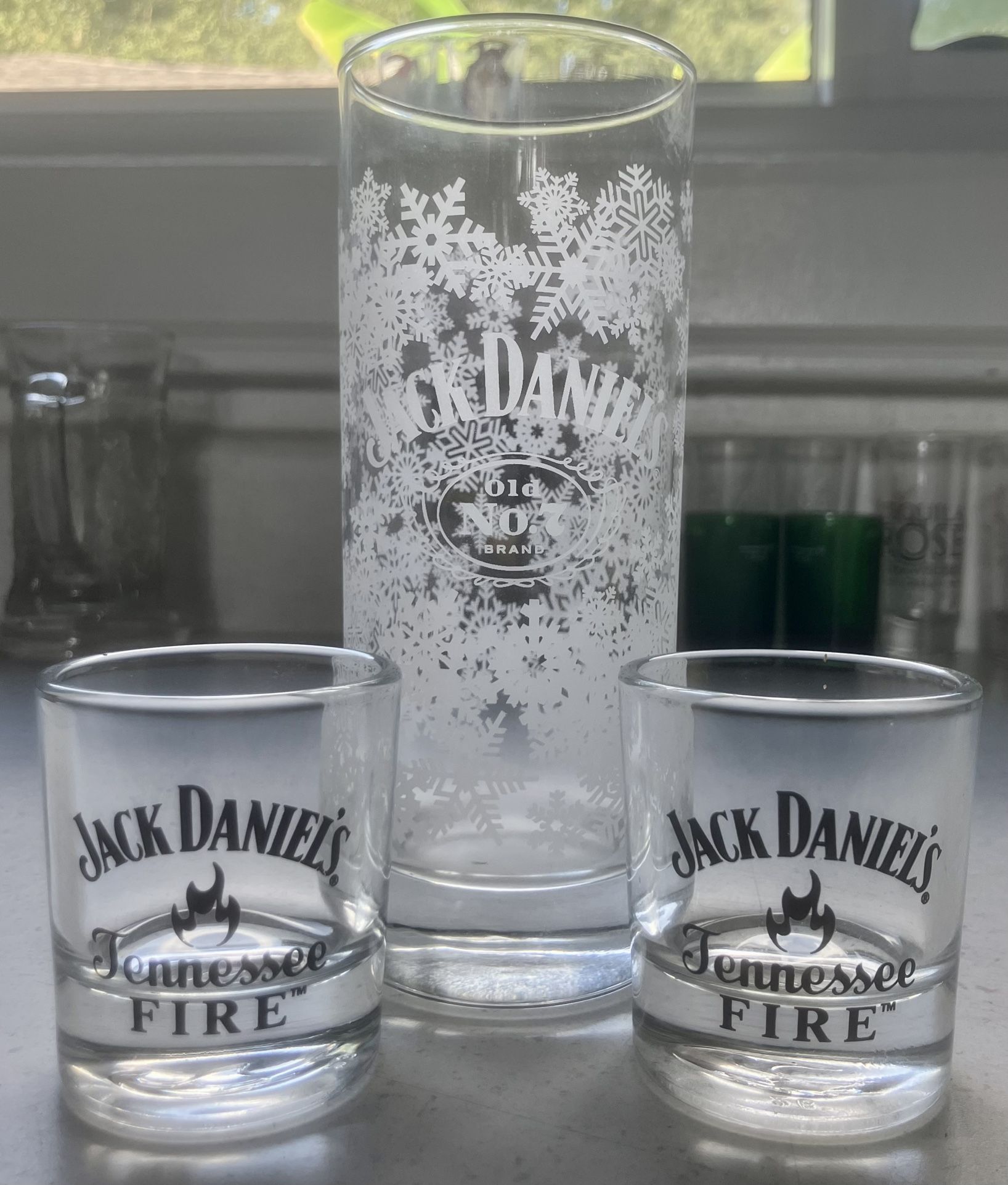 Set of 2 Jack Daniel’s “Tennessee Fire” Shot Glasses & 1 Old #7 Christmas Edition Glass