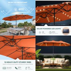 15 ft Solar Lights LED Lighted Outdoor Extra Large Market Table Umbrella with Base Included, Oversized Umbrella for Deck, Pool, Backyard