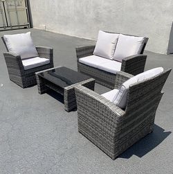 (Brand New) $295 Outdoor 4pcs Patio Wicker Set, Rattan Sofa Loveseat 48x26”, Armest Chair 29x26”,  Table 34x20” 
