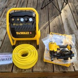 Dewalt 20V 'Quiet' 2.5 gallon air compressor, 100ft. 3/8" hose, pneumatic 15° coil roofing nailer