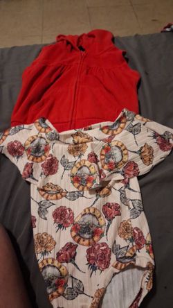Baby girls red colored zip up vest with hoodie that has ears, and 1 short sleeve Multicolored bodysuit sz 6mos
