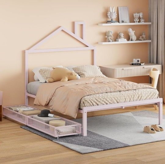 π₯π₯*Read* Full Size Metal Platform Bed with House-Shaped Headboard Design and 2 Drawers, Pink
