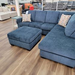 Brand New Sectional And Ottoman In Blue, Ashley Furniture 