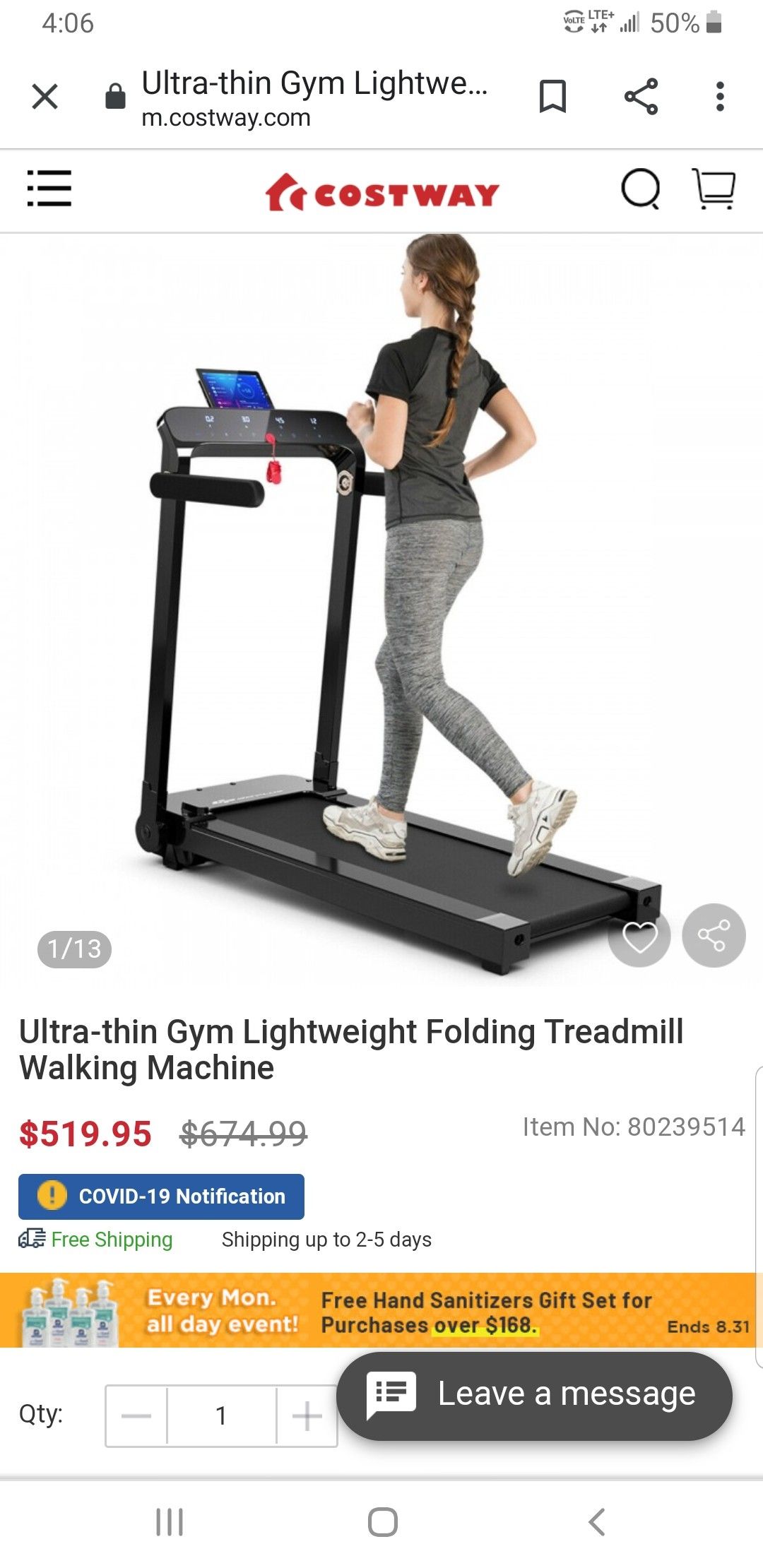 Ultra thin Gym Lightweight Folding Treadmill Walking Machine