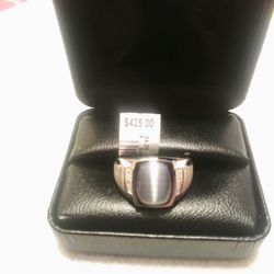 Sterling Silver. Men's Size 10 Sterling Silver Grey Cat's- Eye & Diamond Accent Ring.