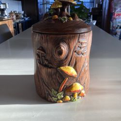 VINTAGE   COOKIE. JAR - BROWN  WITH  YELLOW  MUSHROOMS 