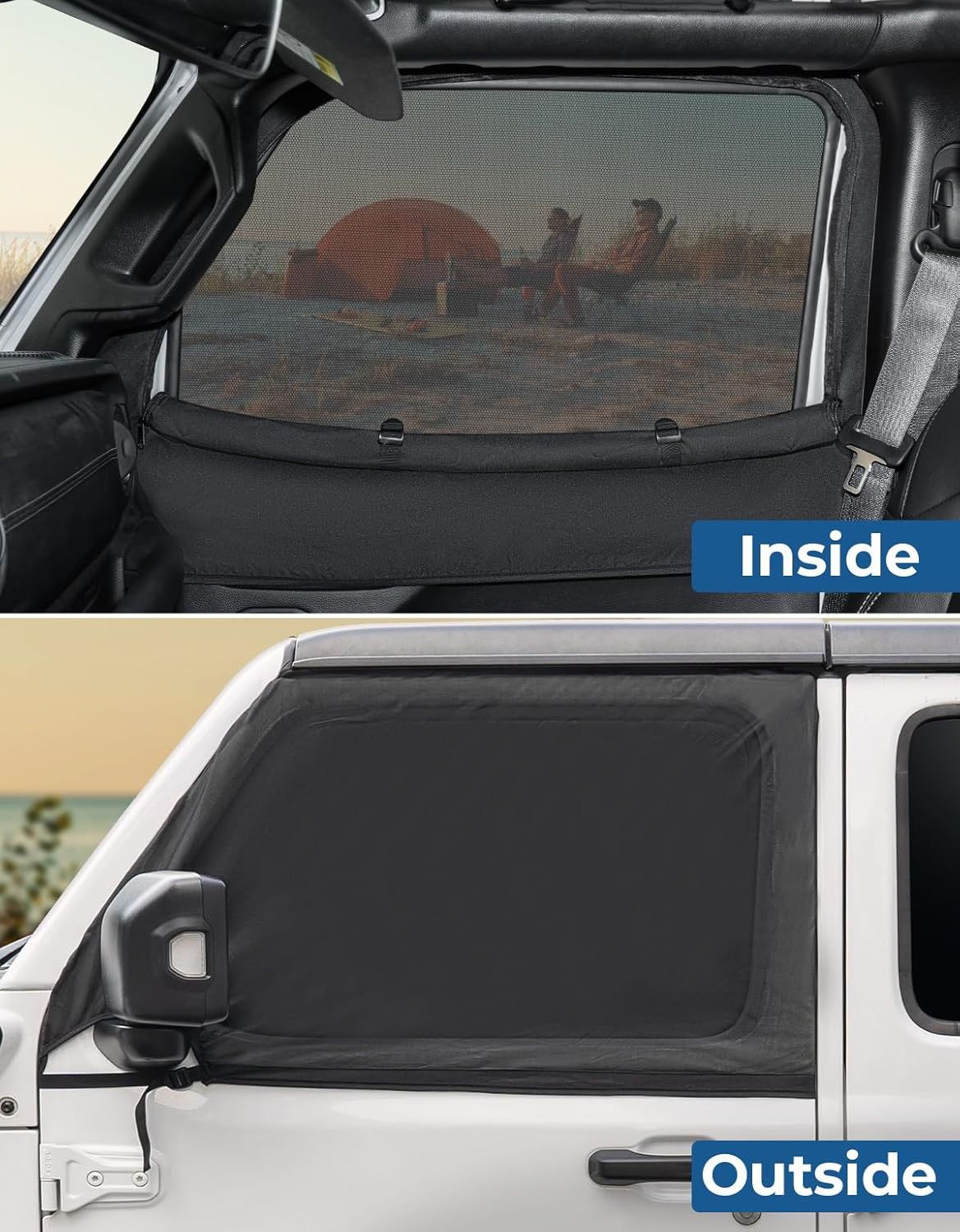 Jeep Wrangler JKU or JLU Side Door Window sun shade nets Front doors have black zip up screen