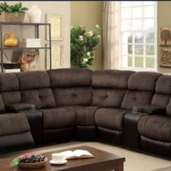 Brand New Brown and Black Reclining Sectional Sofa w Cup-Holders And Storage