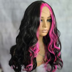 Black and  hot pink  synthetic hair wig  24"