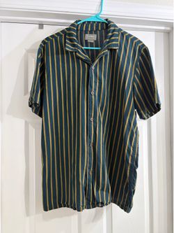 Pull&Bear Short Sleeve Button-Down Shirt in Teal and Mustard Stripes