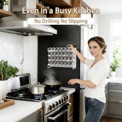 Spice Rack Organizer with 32 Glass Spice Jars, 396 Spice Labels, Chalk Marker and Funnel Complete Set, for Cabinet, Countertop, Cupboard or Wall Mount