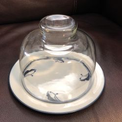 ansk Flora Bayberry Blue Japan Cheese Plate w Heavyweight Glass Dome 9'' 