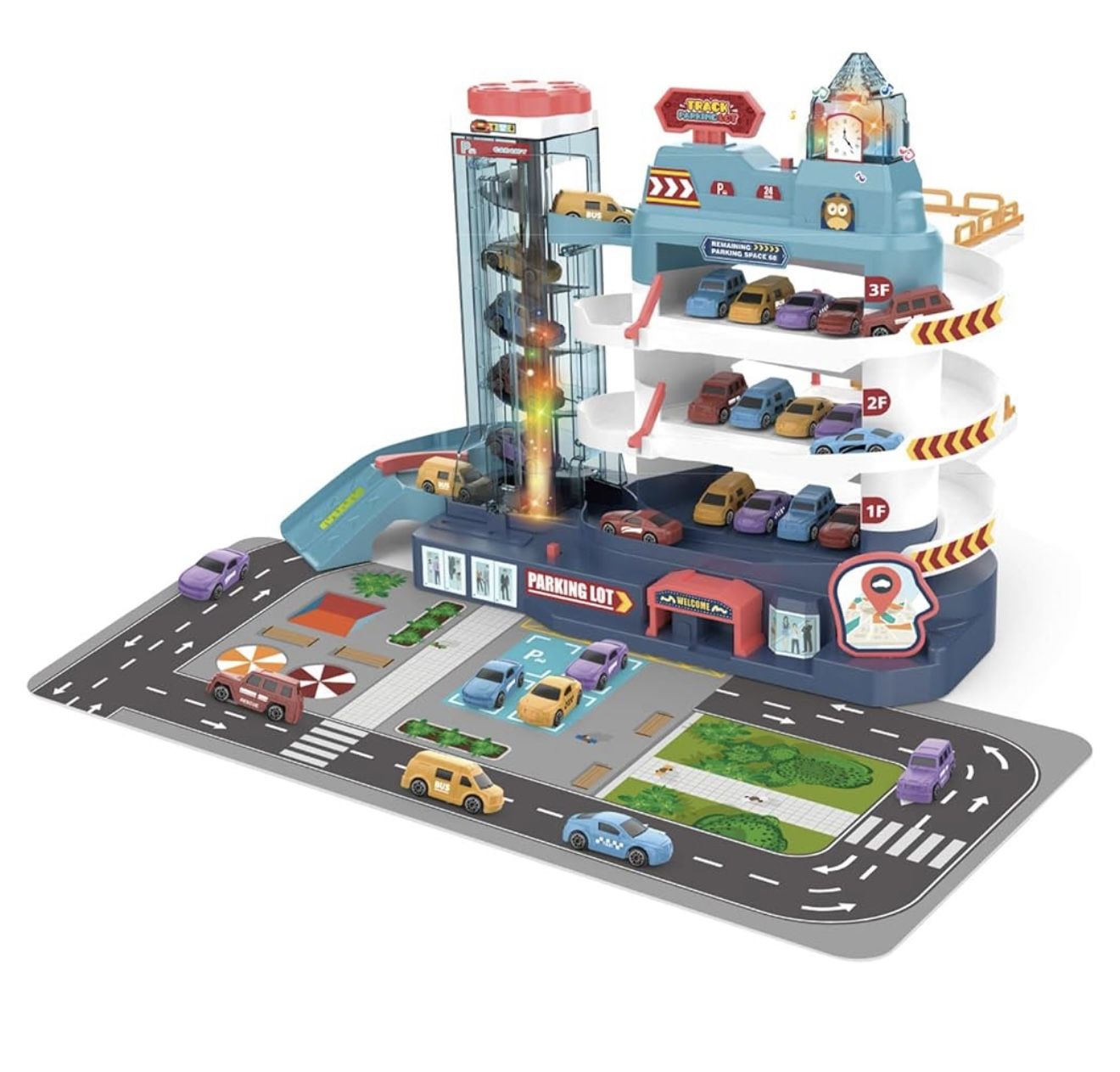 Race Car Tracks for Boys and Kids, 4-Level Toy Car Garage Parking Lot with Elevator Ramp and 4 Mini Cars Vehicle Playset Indoor Games With 20 Cars