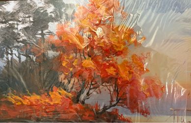 Large Autumn Lake Landscape Framed Canvas Art - 24 x 48 - Mixed Media