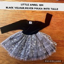 12 Month Baby Girl Dress: Black Velour &  Silver Flocked Tulle 