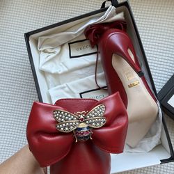 Gucci Red Leather Bow Pump with Jeweled Bee Accent