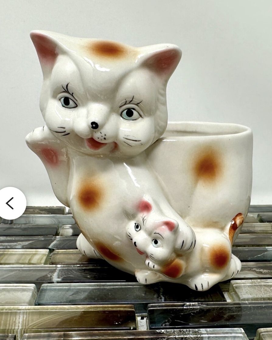 Cat and Kitten Indoor Planter 5" ', White Orange Spots Cats Ceramic Plant Succulent Cactus, Mid Century Animal Decor, Cat Lover Gift Whimsical