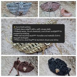 Handmade handbag with adjustable chain and metallic colors