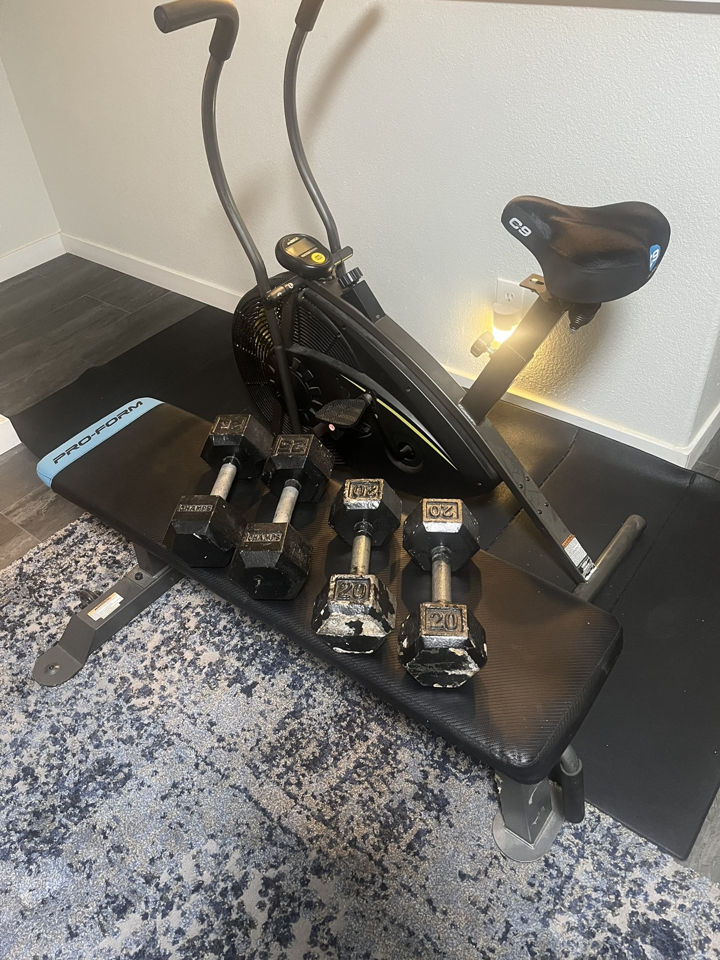 Exercise bike, weight bench, and dumb bells