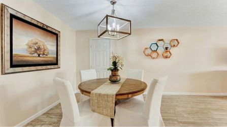 Round Wood Dining Table + 4 Upholstered Chairs