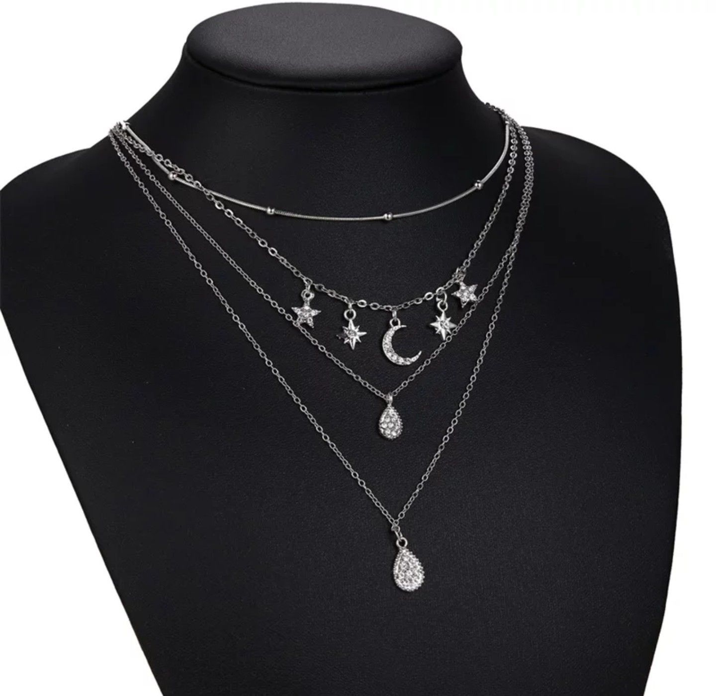 Choker Crystal Moon Stars Drop Pendant Multilayer Necklace