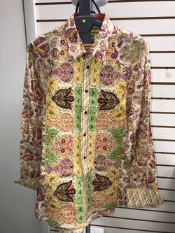 Yellow Funky Embroidered Eccentric Designer Men’s Button Down Shirt Robert Graham xXL 2XL Big & Tall Designer 