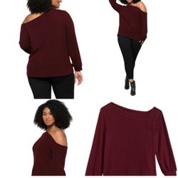 Burgundy Off-Shoulder Ribbed Knit Top