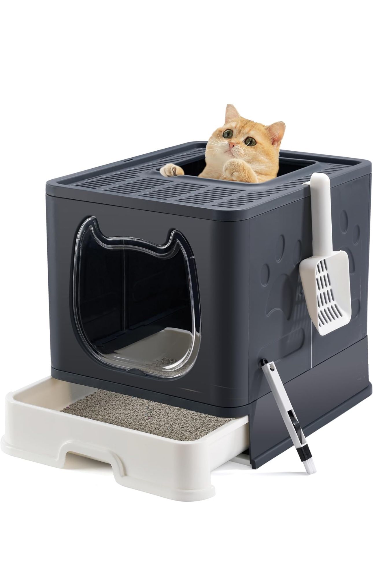 Vealind Foldable Cat Litter Box with Sifting Lid Covered Kitten Litter Box with Kitty Litter Scoop and 2 in 1 Brush, Easy to Clean Litter Pan, Enclose