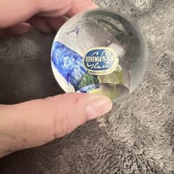 Bohemia Han Czech glass orb ball sparkles of blue pink & yellow swirls paperweight