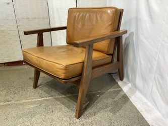 CROW WORKS MCM Style Walnut and Tan Leather Lounge Chair