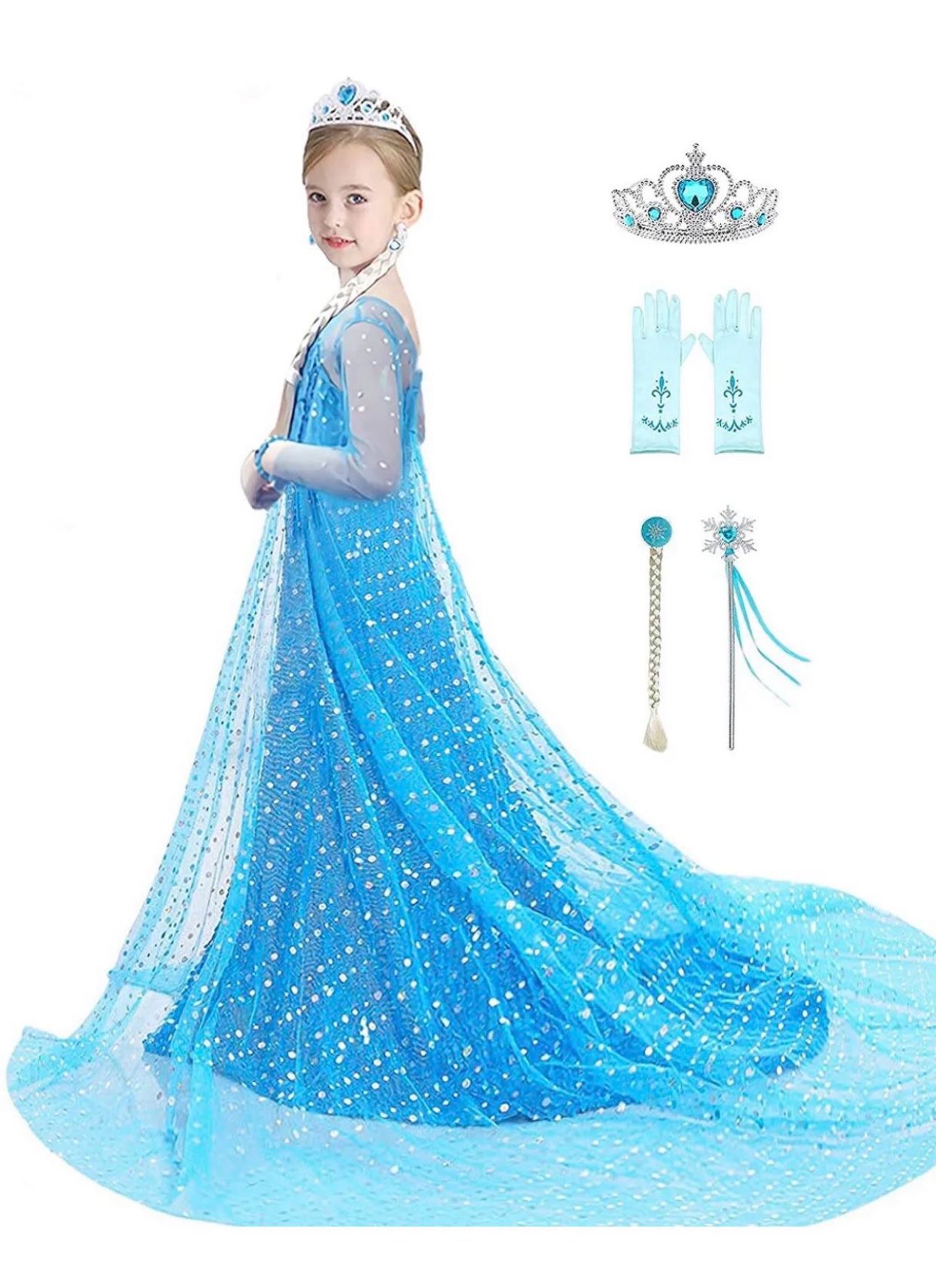 Girls Princess Dress Elsa Costume Sequin Birthday Party Dress Up Girls 5-6 Years