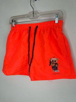 Men’s Neon Orange Swim Trunks Teddy Bear Graphic Size Small