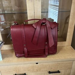 faux vegan leather Burgundy wine red small briefcase with bow attachment & shoulder strap  