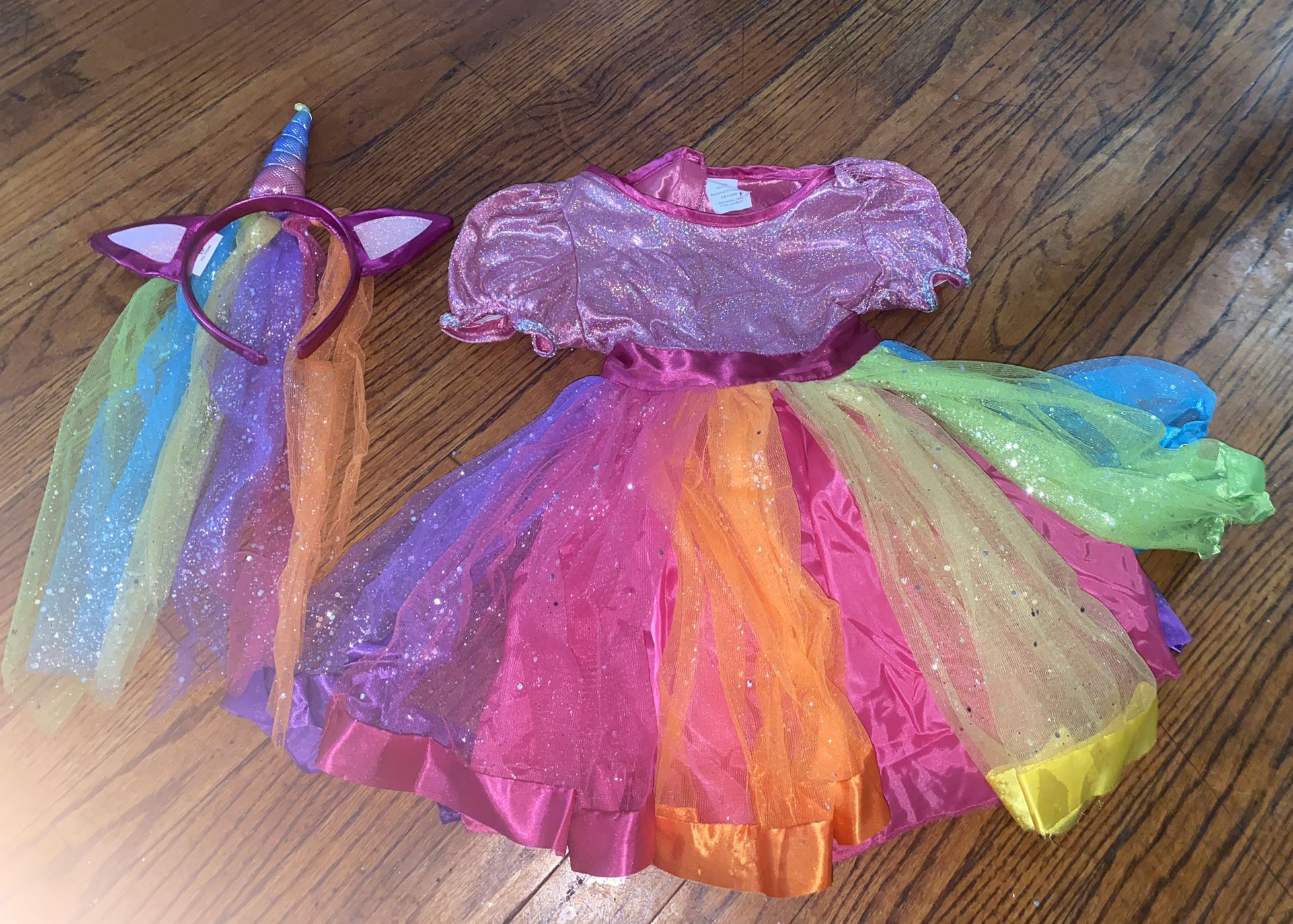 Kids' Rainbow Unicorn Halloween Costume Dress with Headpiece 2T-3T